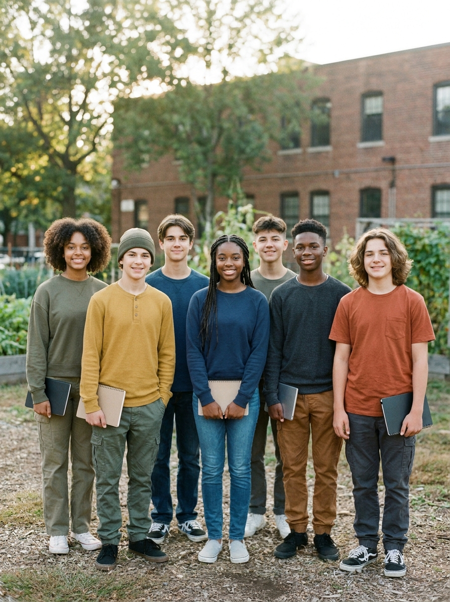 A group of students standing together outside their school